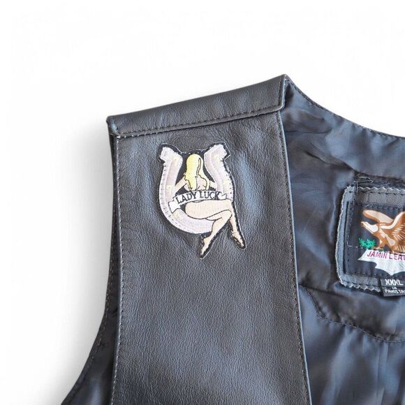 Jamin Leather Patch Pin Skull Cross Motorcycle Riding Vest Black Men's XXXL - Picture 9 of 13